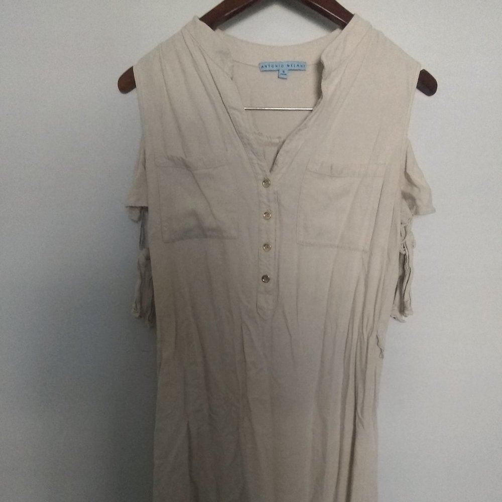 NWOT Antonio Melani Cold Shoulder Button Pocket Beige 6 Small Knee Length Dress